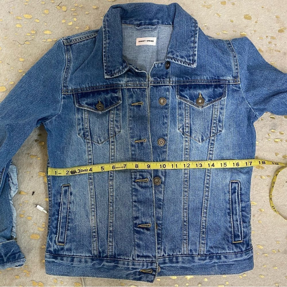 Sunset + Spring Ruffle Trim Blue Denim Jacket S - Picture 13 of 13